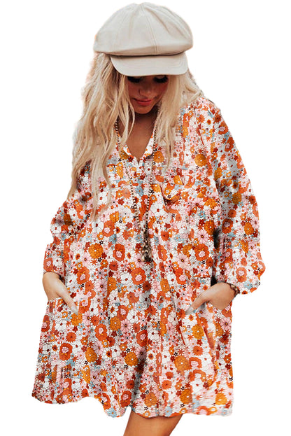 Robe droite imprimée orange à poches florales et col fendu