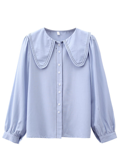 Doll Collar Blue Shirt Women's Long Sleeve Design Sense