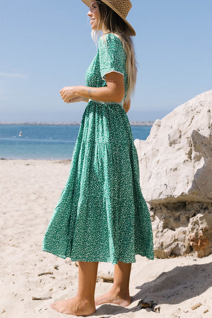 Vestido midi estampado floral empalme de encaje acampanado cintura alta verde