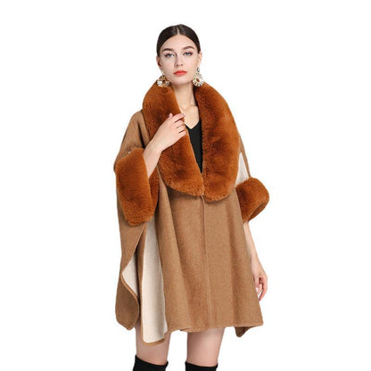 Imitation Rex Rabbit Fur Collar Cape And Shawl Women's Plus Size Loose Woolen Coat