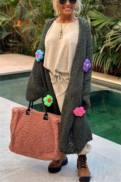 Hand Crocheting Flowers Long Cardigan Jacket Idle Style Casual Loose Women's Sweater