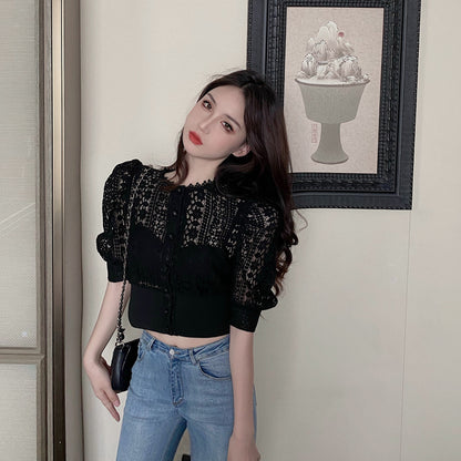 Lace Stitching Hollow Short Sleeve Cardigan Top Women's Outer Wear