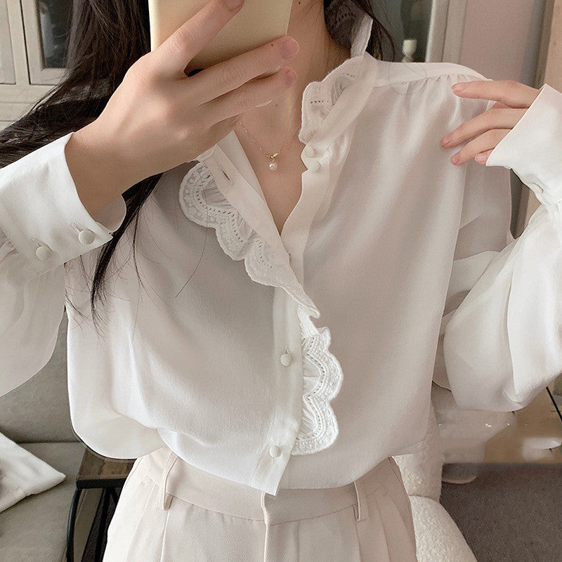 Spring And Autumn New French Chic Stand Collar Puff Sleeve Ladies Shirt