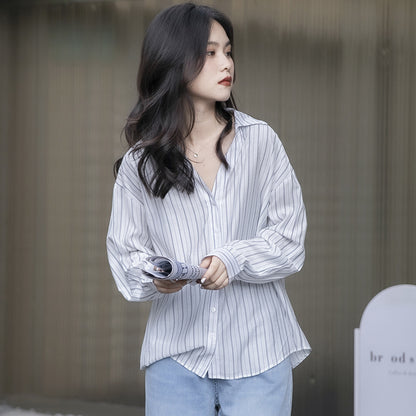 Striped Lazy Style Shirt Lapel Is Thin And Long Sleeves