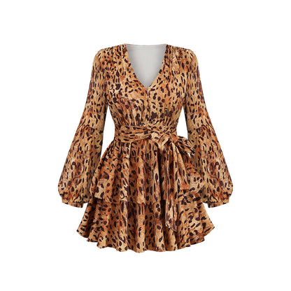 Deep V-neck Leopard Print Dress Long Sleeve Lantern Sleeve Ruffled Skirt