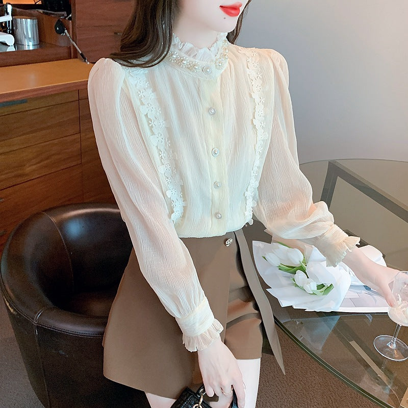 Niche Pearl Stringy Selvedge Stand-up Collar Lace Pleated Long Sleeve Shirt