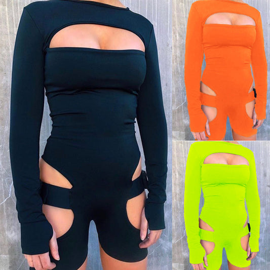 Hollowed Out Jumpsuit Adjustable Buckle Long Sleeve Shorts Warrior Jumpsuit