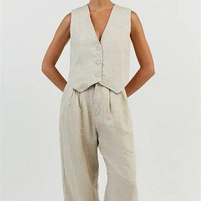 Cotton Linen Vest Wide Leg Pants Fashion Suit