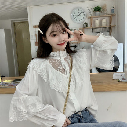 French Vintage Lace Shirt Long Sleeve Half High Collar Top