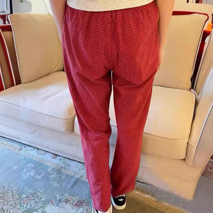 Pantalones casuales a cuadros rojos con cordón en la cintura sueltos y elásticos para mujer