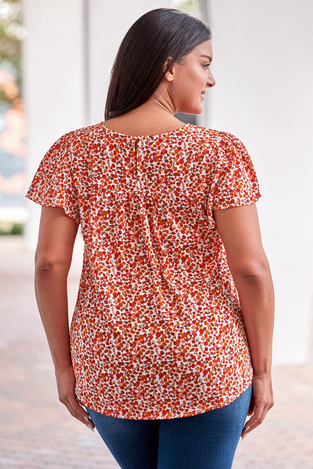 Blusa con cuello redondo y ribete de encaje floral de talla grande