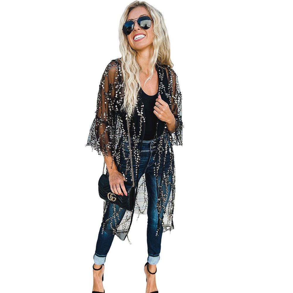 Sequined Transparent Mid-length Cardigan For Women Autumn