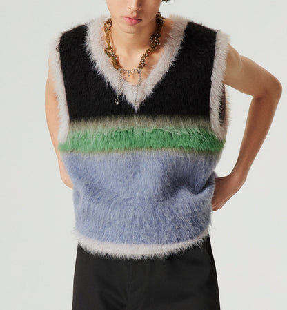 Wool Blended Long Velvet Wool Contrast Color Striped Knitted V-neck Vest Sweater