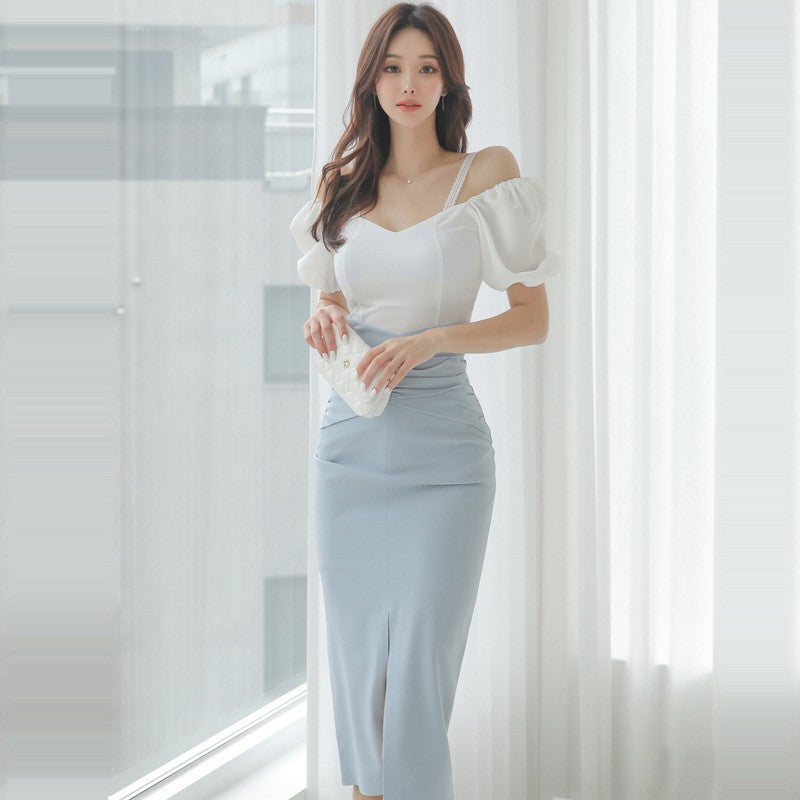 Off-shoulder Hip Skirt Waist Slit Two-piece Set