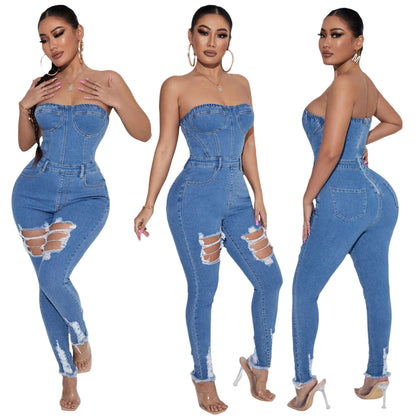 Women's Tube Top Slim Fit Denim Jumpsuit