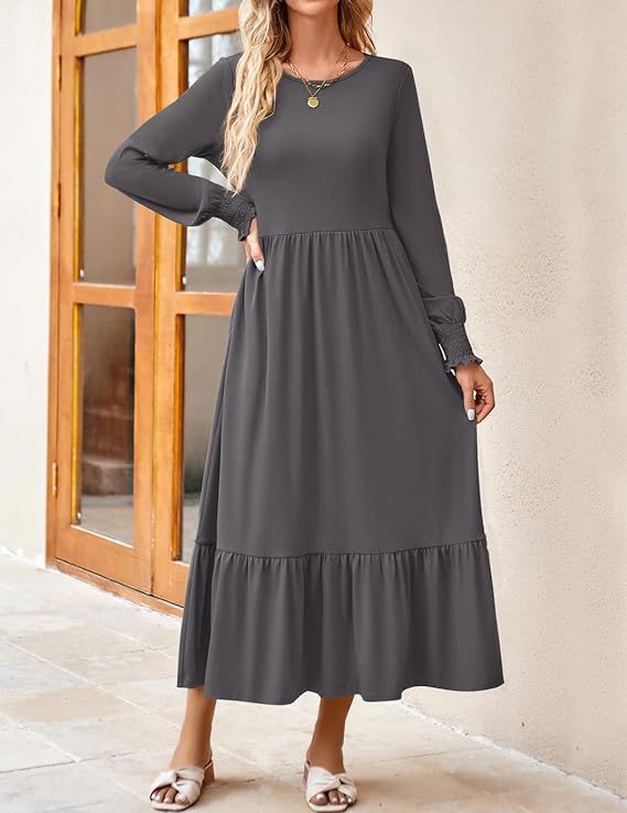 Women's Smocking Long Sleeve Round Neck Mid-length Dress