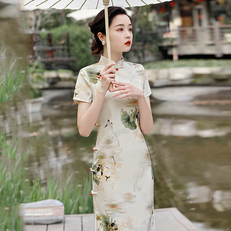 Lotus Internet Celebrity Cheongsam Video corto Vestido Cheongsam diario