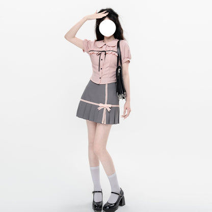 Short Pleated Skirt With Waistband Shirt