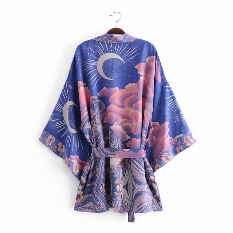 Cardigan ample ceinturé imprimé lune, kimono pour femme