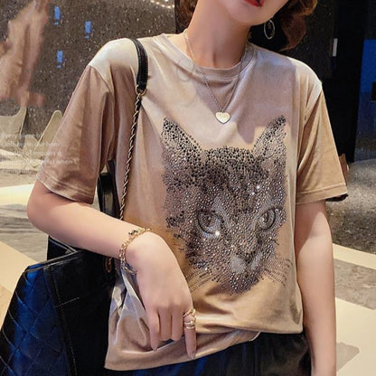 Cat Head Rhinestone Customized Velvet Short Sleeve