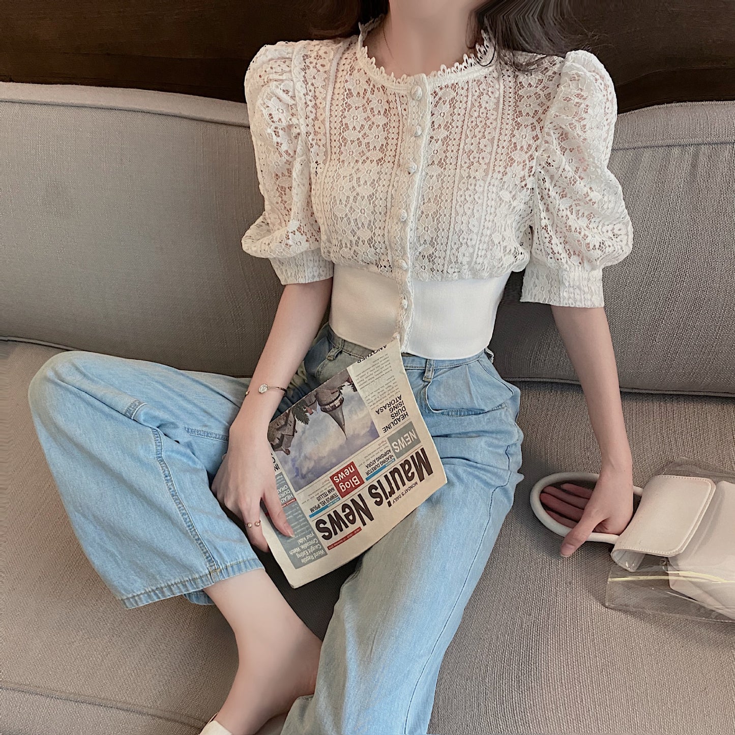 Lace Stitching Hollow Short Sleeve Cardigan Top Women's Outer Wear