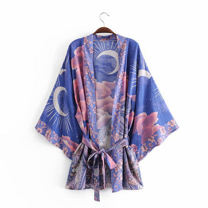 Cardigan ample ceinturé imprimé lune, kimono pour femme