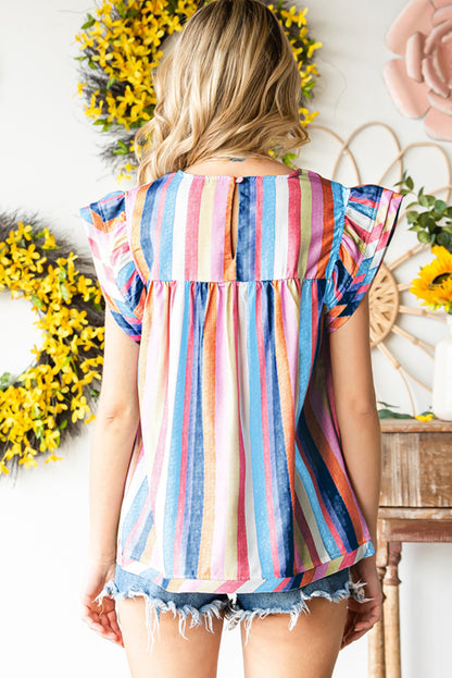 Blusa con mangas onduladas a rayas multicolores