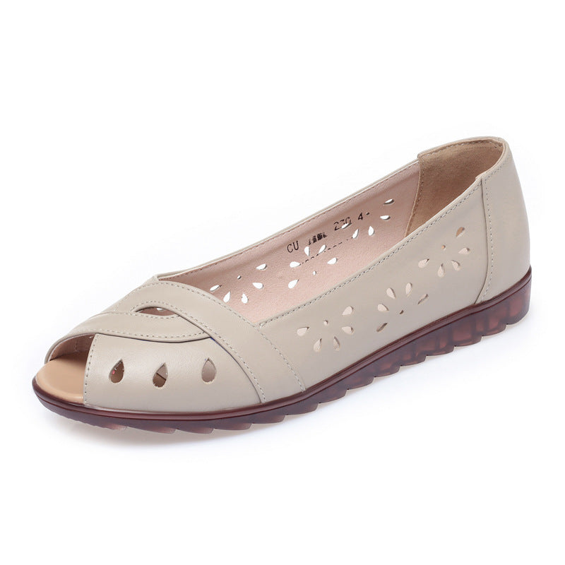 Sandalias Peep Toe para Mujer, Suela Plana, Comodidad, Cuero, Suela Suave