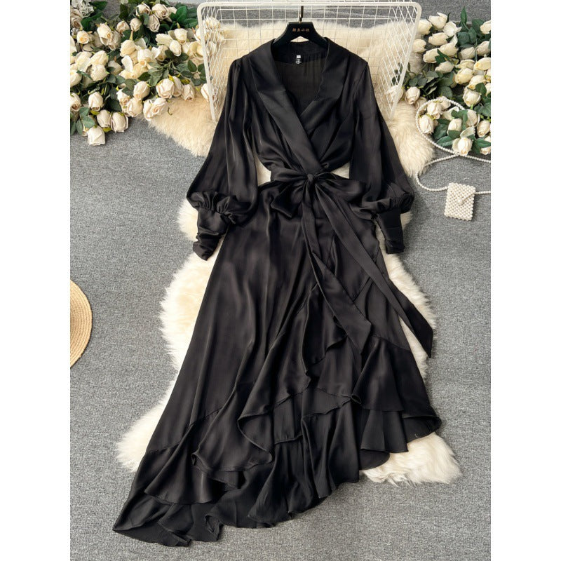 Long Sleeve Lace-up Waist Trimming Ruffles Irregular Suit Skirt Dress