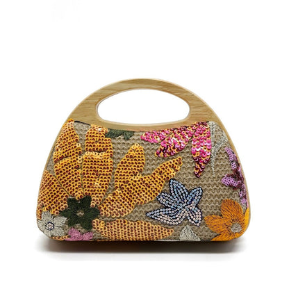 Wooden Handle Sequins Dinner Banquet Socialite Hand Straw Bag