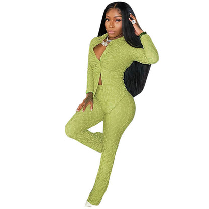 Women's Fashion Jacquard Tight Long Sleeve Top And Trousers Suit