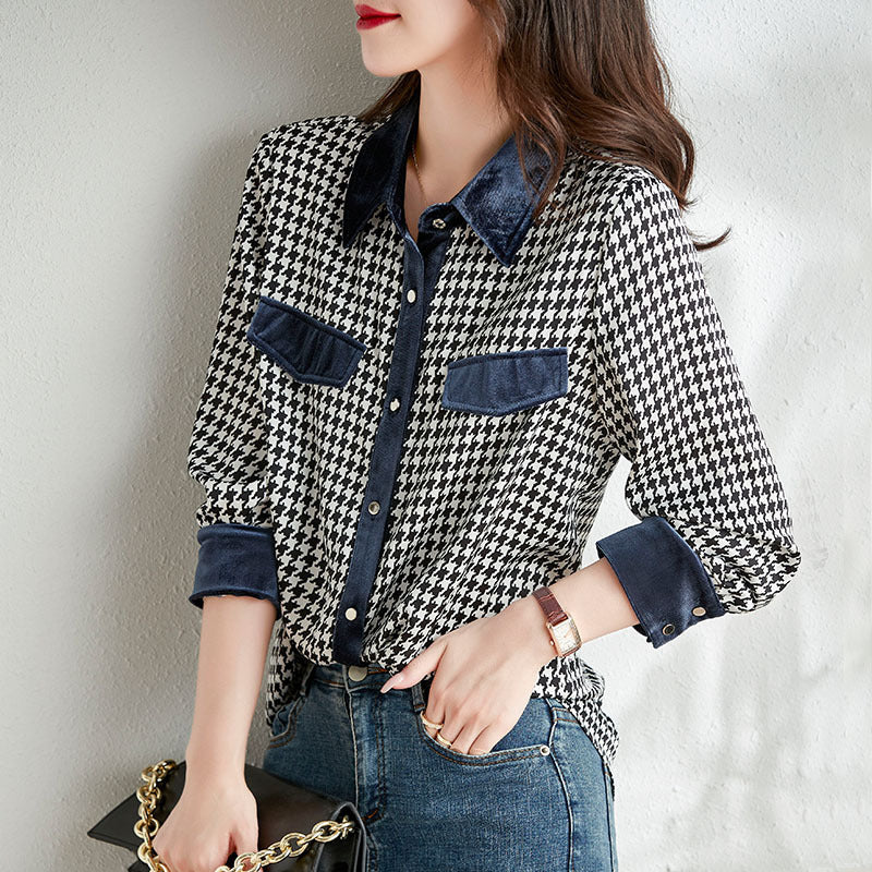 Patchwork Check Vintage Long Sleeve Lapel Shirt