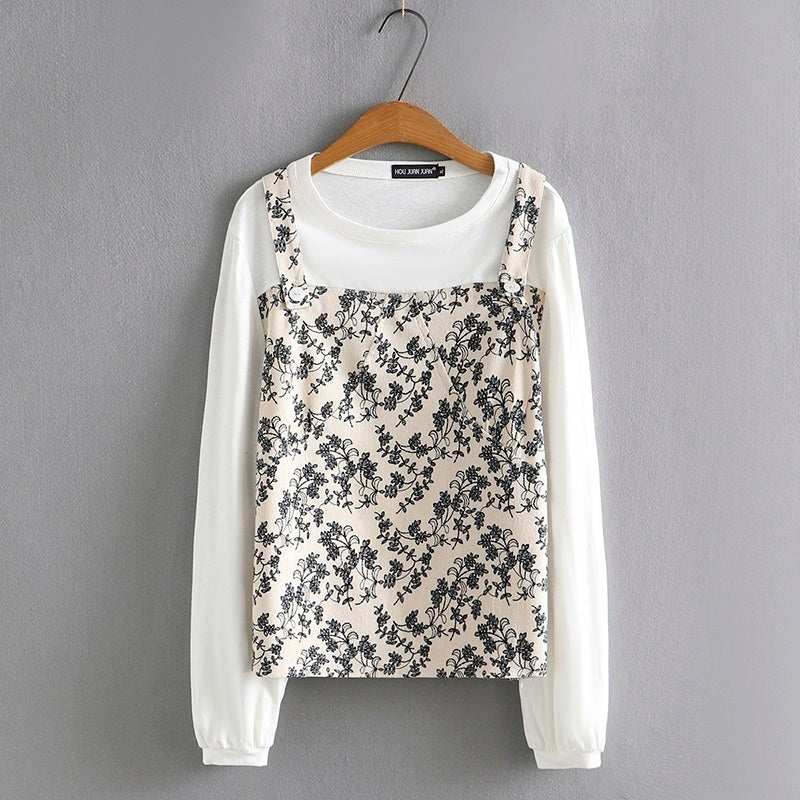 Spring Ladies Loose Print Patchwork Long Sleeve Bottoming Shirt