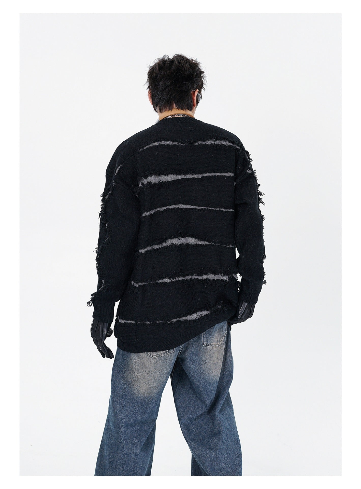 Irregular Cut Deformed Striped Solid Color Sweater