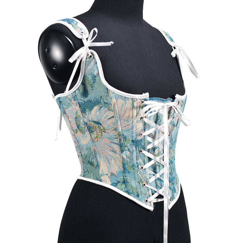 Embroidered Front Tie Straps Herringbone Corset Girdle