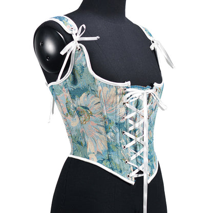 Embroidered Front Tie Straps Herringbone Corset Girdle