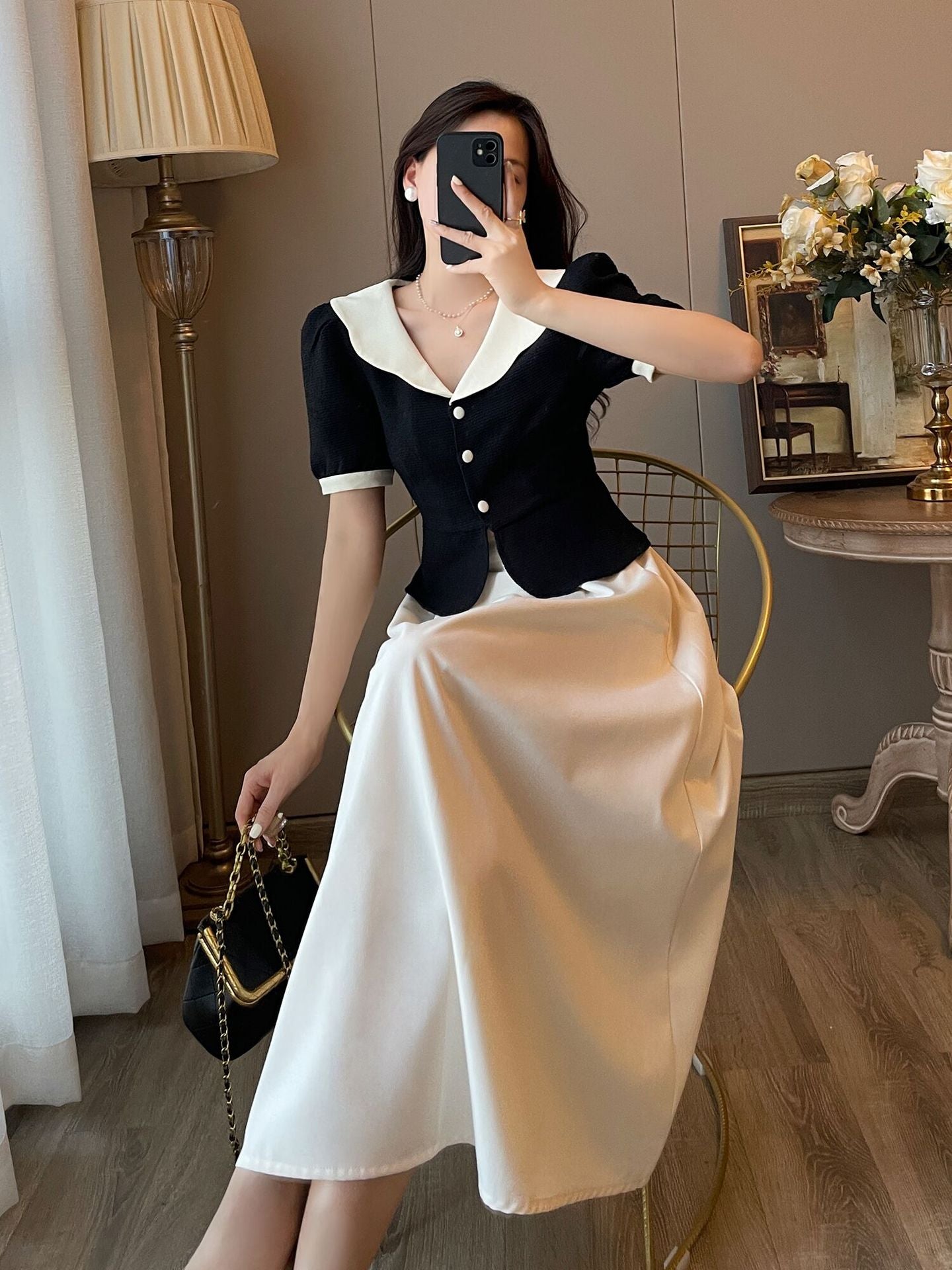 Robe deux pièces française rétro en polyester