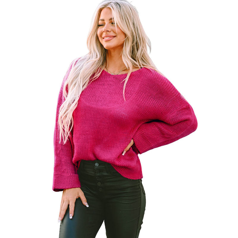 New Solid Color Sweater Women European American Simple Versatile Loose Slim Fit Long Sleeve