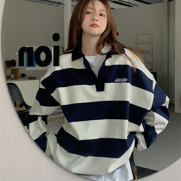 American Retro Polo Collar Striped Sweater Women's Thin