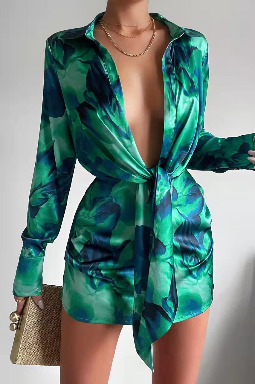 Women's Digital Print Button Down Long Sleeve Shirt Dress