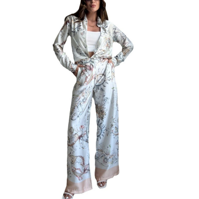 Printed Long-sleeved Top Wide Leg Pants Two-piece Set