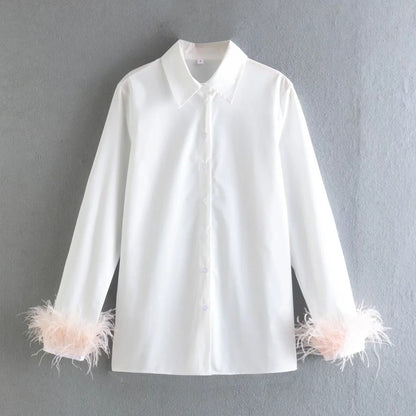 Cuff Feather Shirt Lapel TopSolid Color