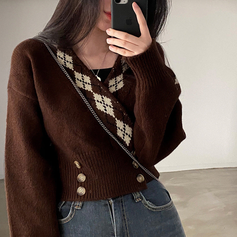 Loose Crossover V-Neck Buttoned Waist Sweater