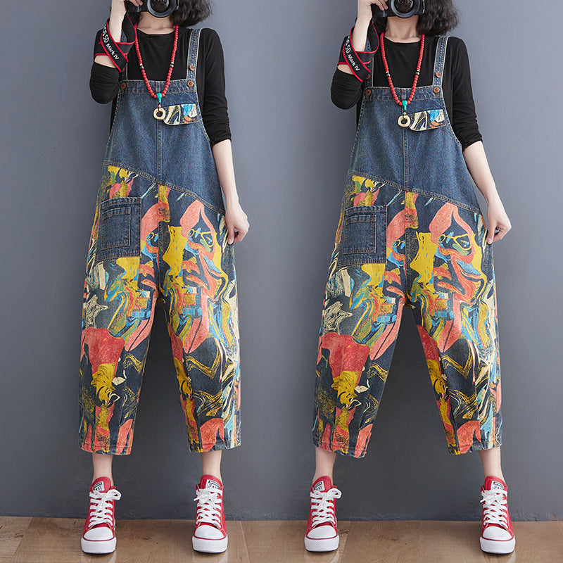 Ladies Fashion Slim Print Denim Bib Pants