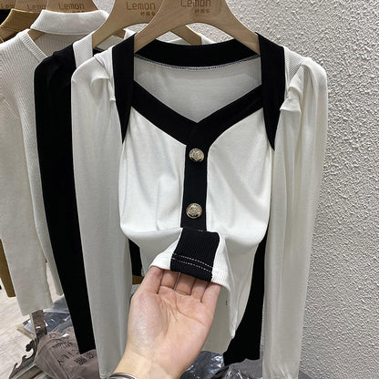 Long Sleeve V-neck Small Fragrance Short Bottoming Shirt