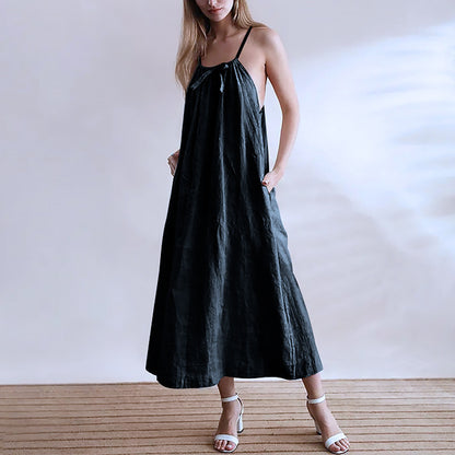 Linen Halterneck With Suspenders Strap Long Dress