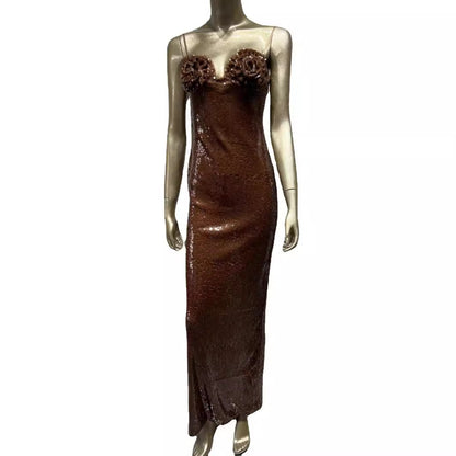 Sequined Brown Sling Dress High Street Banquet