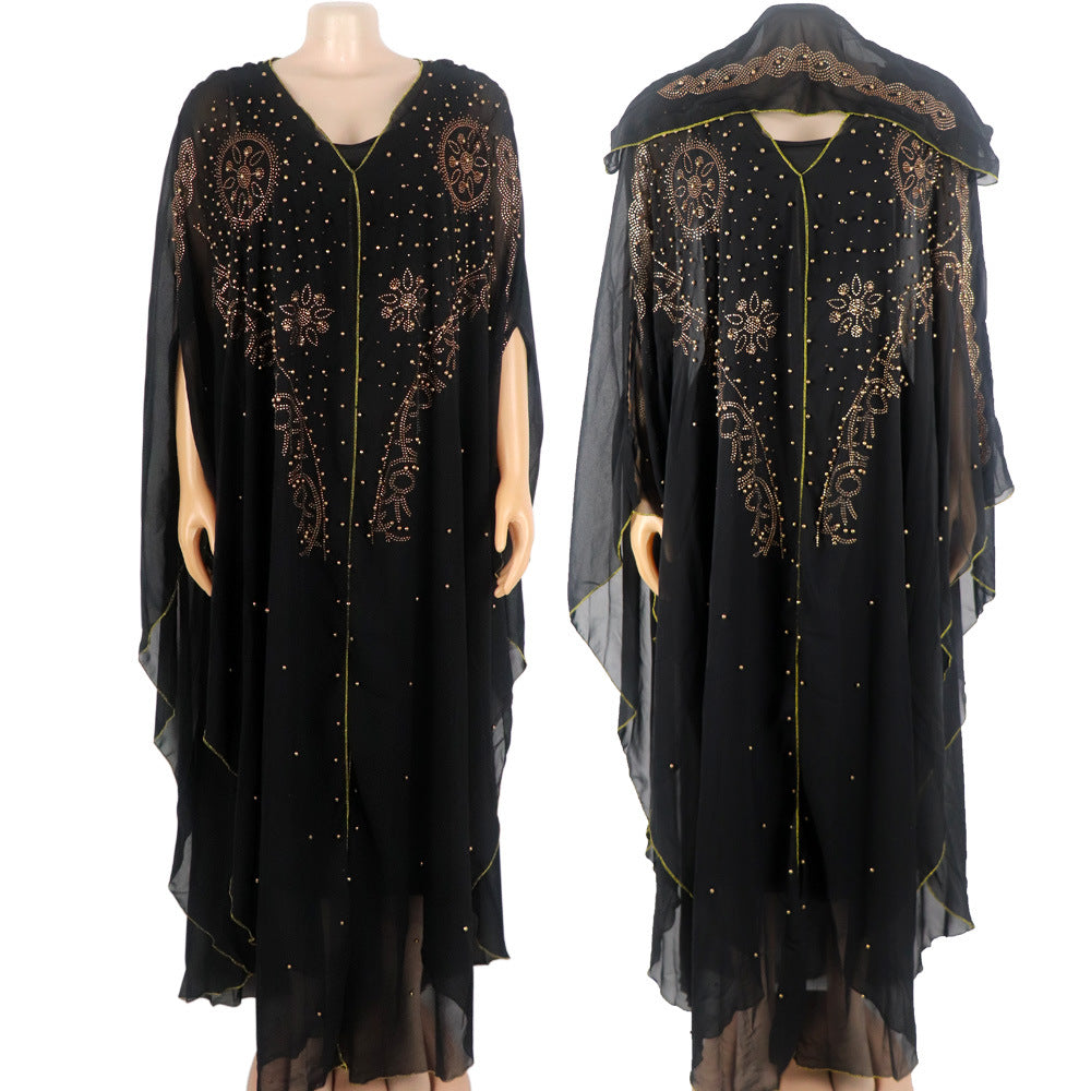 Women's Fashionable Elegant V-neck Chiffon Rhinestone Gun Beads Batwing Sleeve Dress