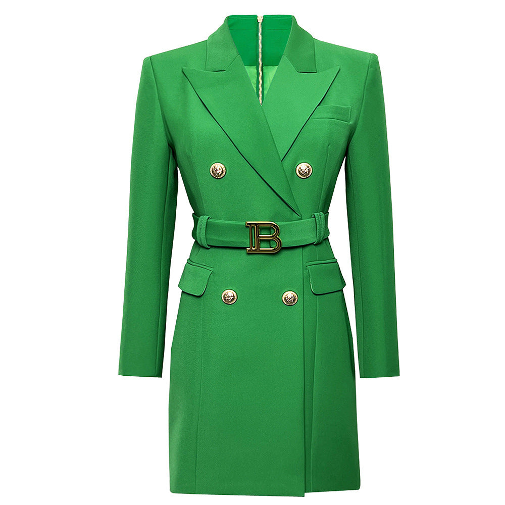 High Solid Color Belt Long Sleeve Slim Fit Temperament Commute Business Suit And Dress