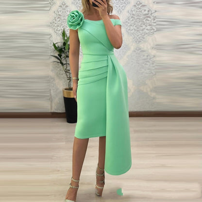 New Mint Green Off-shoulder Three-dimensional Flower Dress